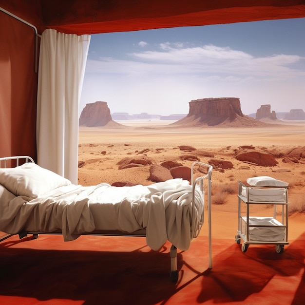 Foto há uma cama em um quarto com vista para o deserto generativo ai