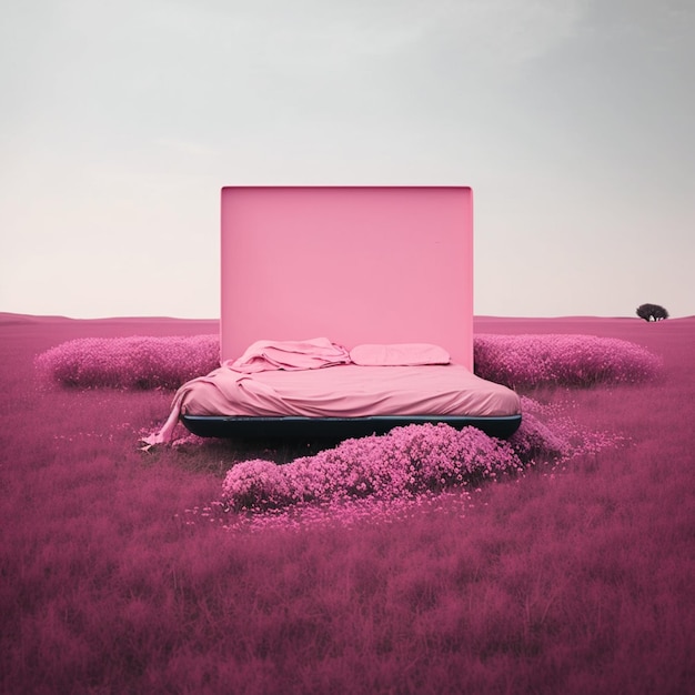 Foto há uma cama no meio de um campo com um cobertor rosa generativo ai
