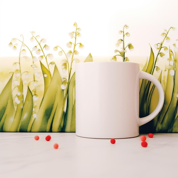 há uma caneca branca com uma flor nela sentada em uma mesa generativa ai