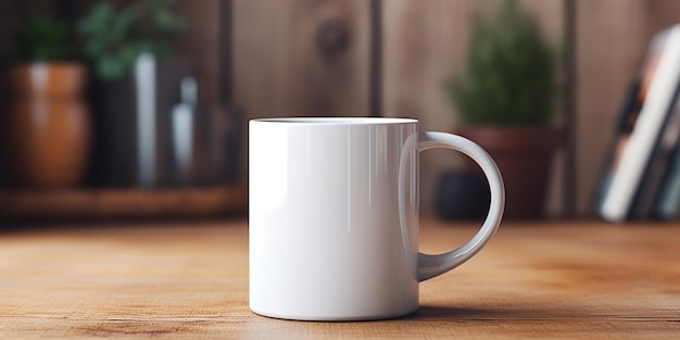 Há uma caneca de café branca sobre uma mesa de madeira generativa ai