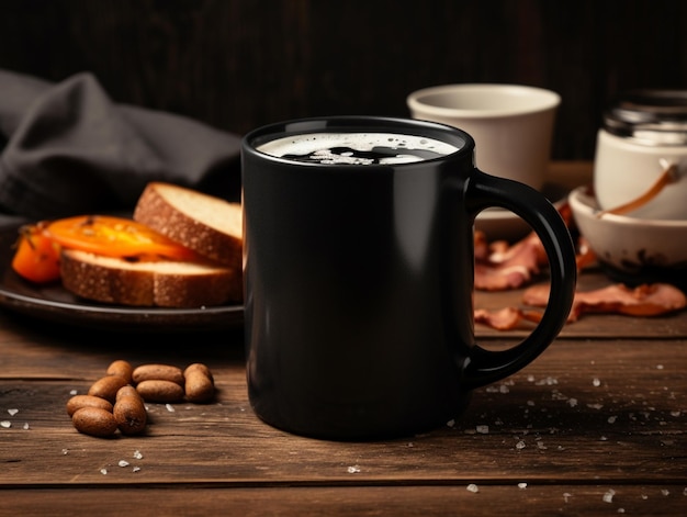 Foto há uma caneca de café preta com uma tampa preta e um prato de comida generativa ai