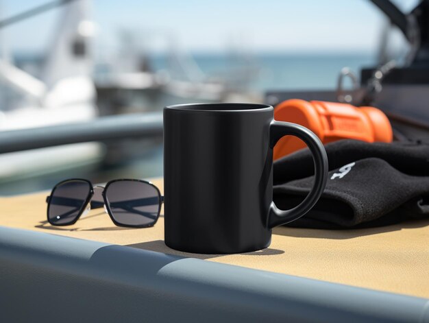 Há uma caneca de café preta sentada em uma mesa ao lado de óculos de sol