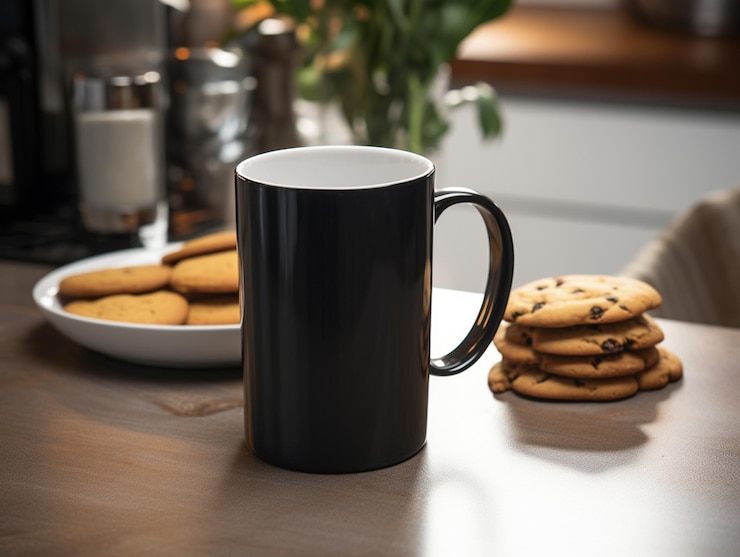 Foto há uma caneca de café preta sentada em uma mesa com biscoitos generativos ai