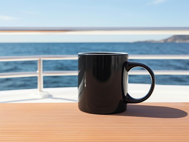 Há uma caneca de café preta sentada em uma mesa em um barco generativo ai