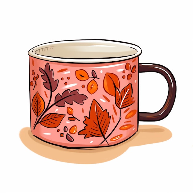 Foto há uma caneca rosa com folhas de laranja e borda marrom generativa ai