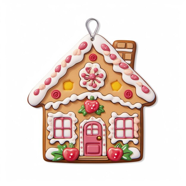 Há uma casa de pão de gengibre com uma porta e janelas cor-de-rosa.