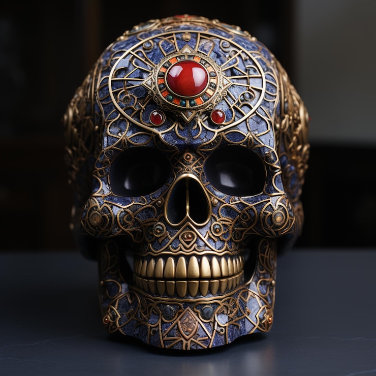 Foto há uma caveira com olhos vermelhos e uma decoração dourada generativa ai