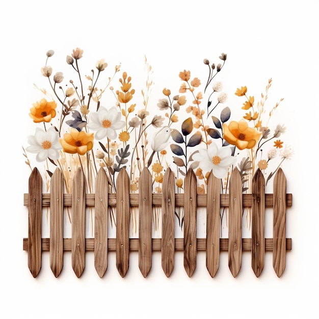 há uma cerca de madeira com flores e um fundo branco generativo ai