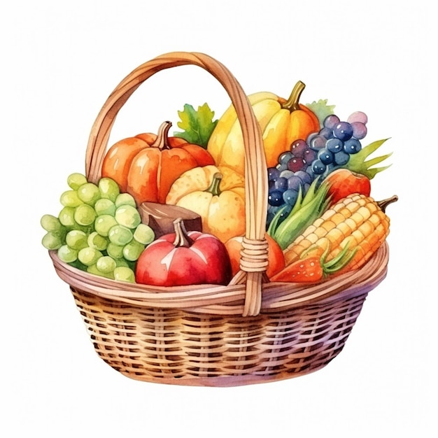 Foto há uma cesta cheia de frutas e legumes em um fundo branco ai generativo