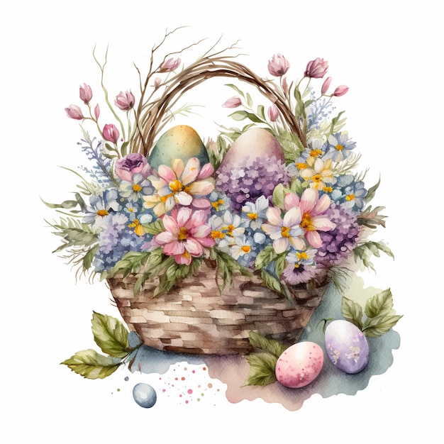 Há uma cesta com flores e ovos no chão generativo ai