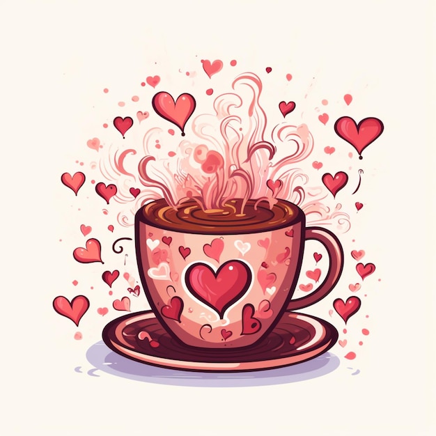 Há uma chávena de café com corações saindo dela.