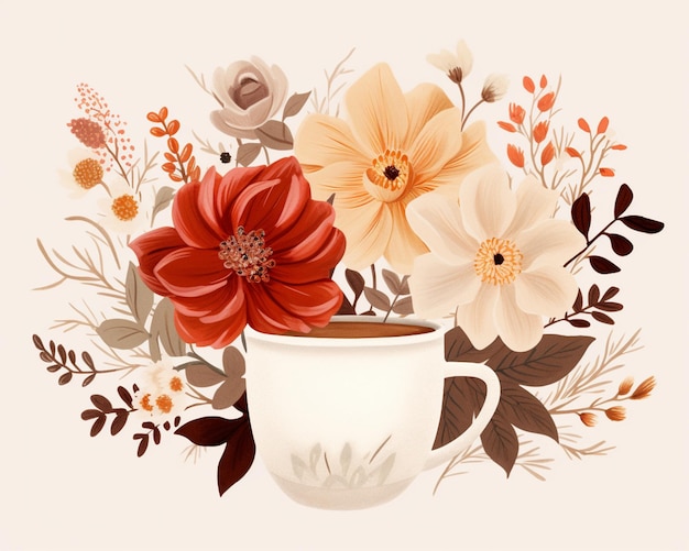 Há uma chávena de café com flores nela.