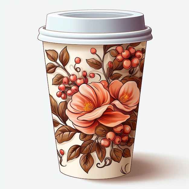 Há uma chávena de café com um desenho de flores nela.