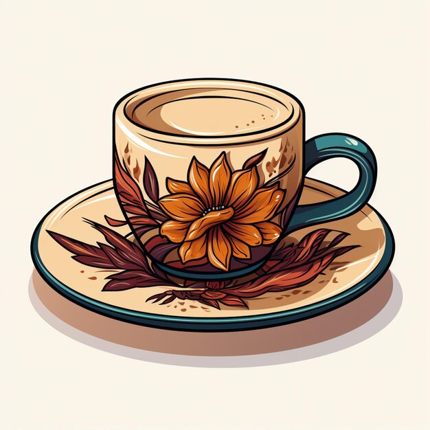 Há uma chávena de café com uma flor nela.