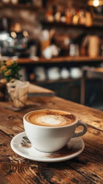 Há uma chávena de café em um prato em uma mesa de madeira