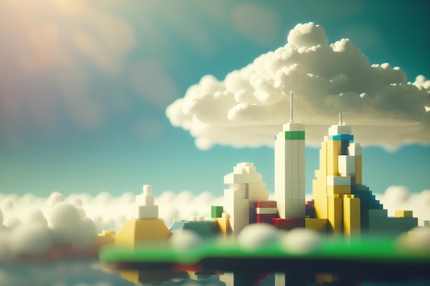 há uma cidade lego com uma nuvem no céu IA generativa