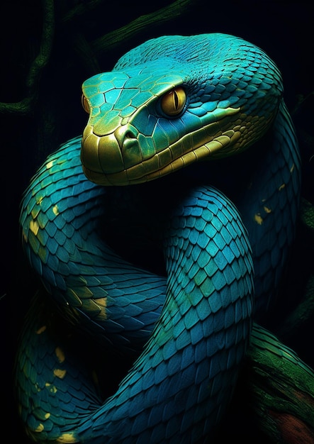 Há uma cobra azul com uma cabeça dourada e um corpo verde generativo ai