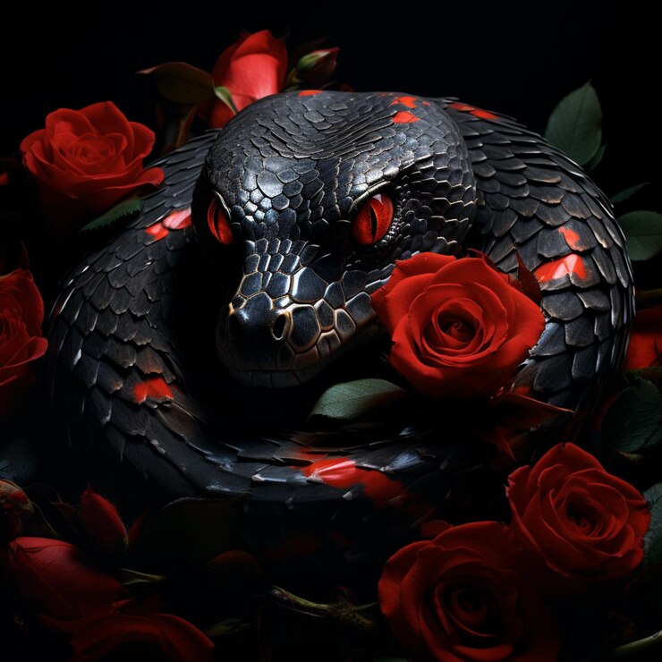 Foto há uma cobra que está deitada num leito de rosas.