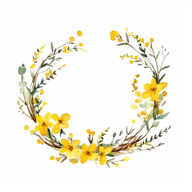 Há uma coroa de flores e folhas amarelas em um fundo branco generativo ai