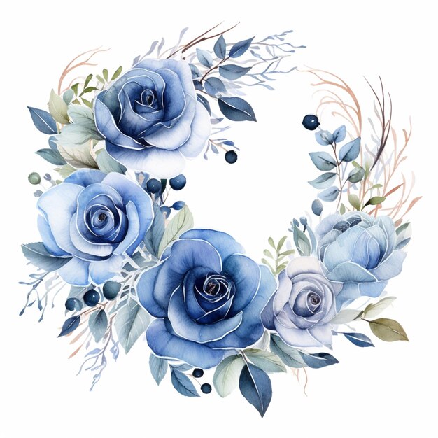 há uma coroa de rosas azuis e folhas em um fundo branco generativo ai