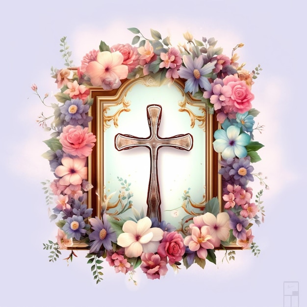 Há uma cruz em uma moldura com flores em torno dela generativo ai