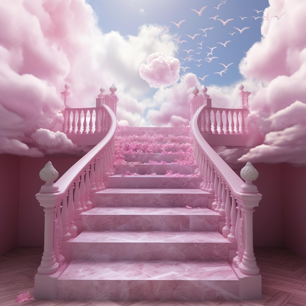 Foto há uma escada que leva a uma sala rosa com um fundo de céu.
