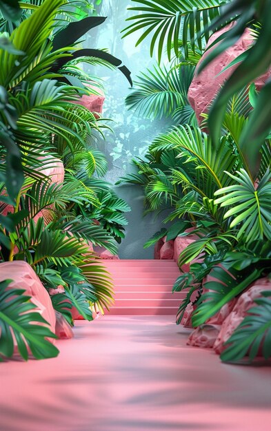 Foto há uma escada rosa que leva a uma selva verde exuberante.