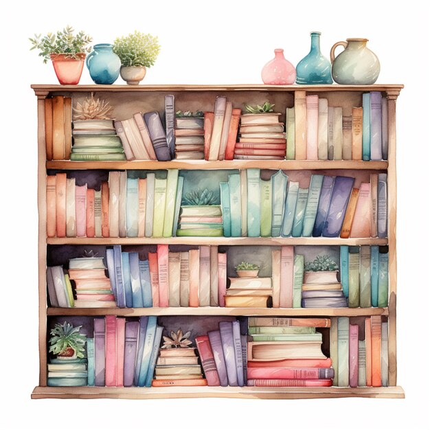 Há uma estante com livros e vasos.