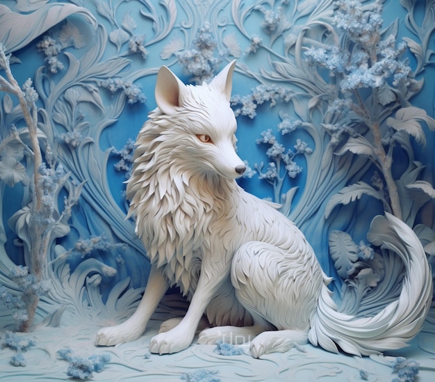 Há uma estátua branca de um lobo sentado em um fundo azul generativo ai