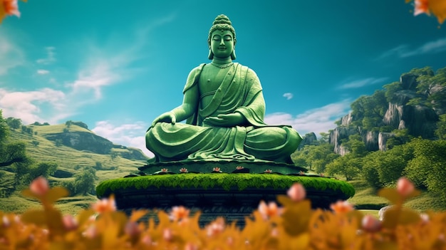 há uma estátua de um Buda sentado em uma colina verde geradora de IA