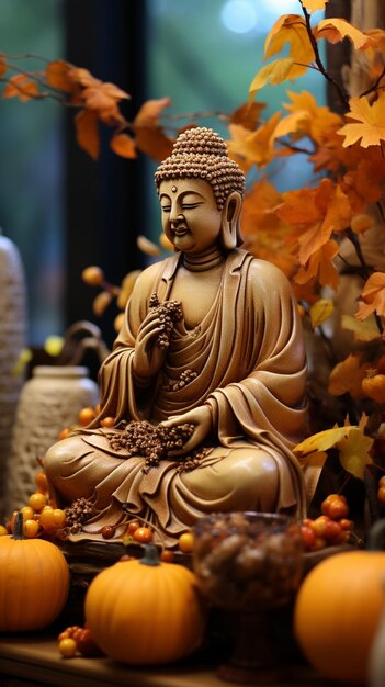 há uma estátua de um Buda sentado em uma mesa com abóboras generativo ai