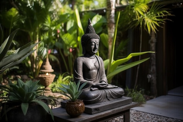 Há uma estátua de um Buda sentado em uma mesa generativa ai