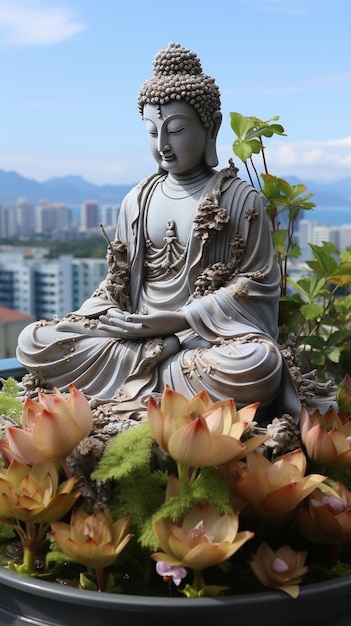 Há uma estátua de um Buda sentado em uma planta em vaso generativa ai