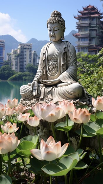 há uma estátua de um Buda sentado em uma rocha em um jardim generativo ai