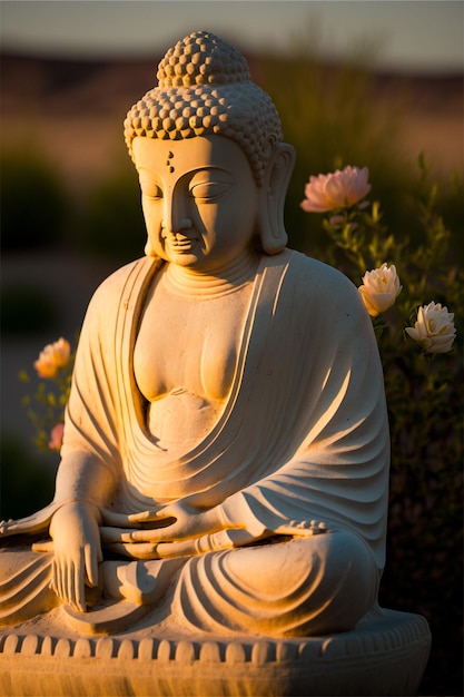 Há uma estátua de um Buda sentado numa pedra generativa ai