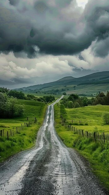 Há uma estrada de terra que está passando por um campo generativo ai