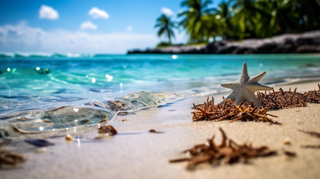 Há uma estrela-do-mar na praia perto do gerador de água ai