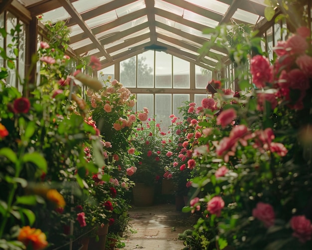 Foto há uma estufa com muitas flores dentro dela.