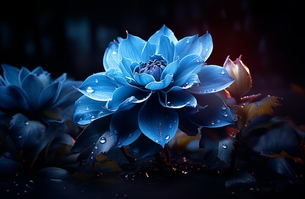 há uma flor azul com gotas de água generativa ai
