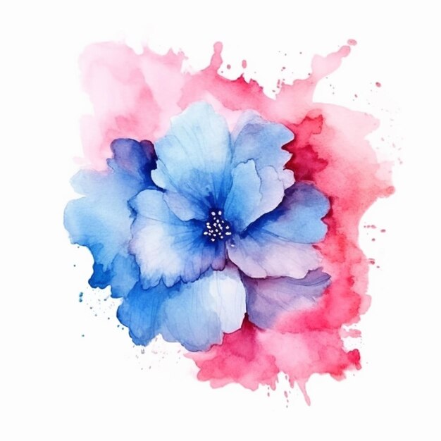Há uma flor azul com manchas cor-de-rosa.