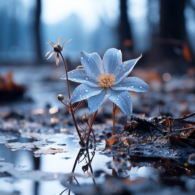 Há uma flor azul que está crescendo fora do solo generativo ai