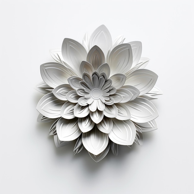 Há uma flor de papel feita de papel branco em uma superfície branca generativa ai