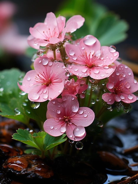 há uma flor rosa com gotas de água generativa ai