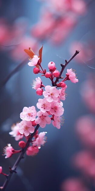 Há uma flor rosa em um galho com um fundo borrado generativo ai