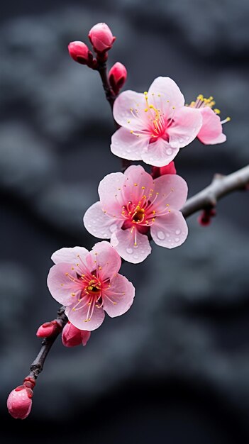 Foto há uma flor rosa que está em um ramo generativo ai