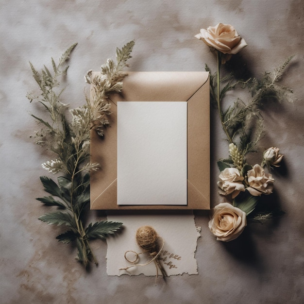 Há uma foto de um cartão e flores em uma mesa generativa ai