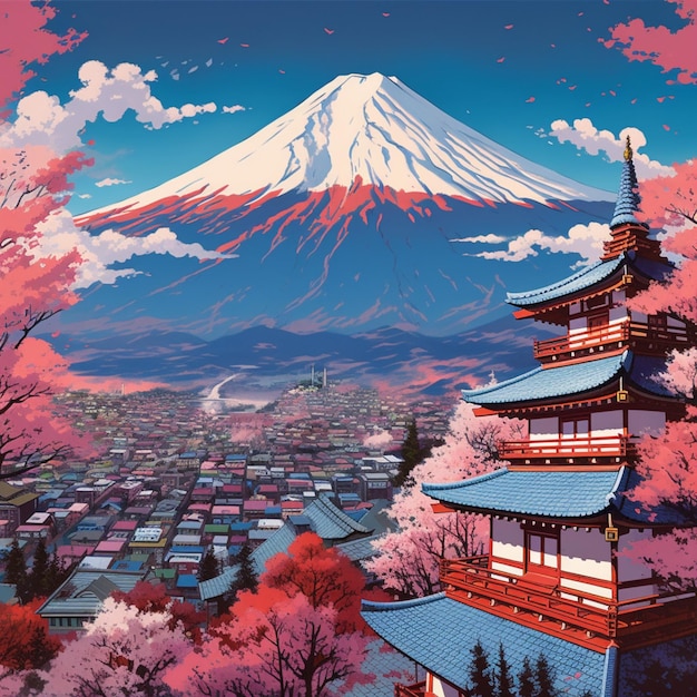 Há uma foto de um pagode japonês em primeiro plano.