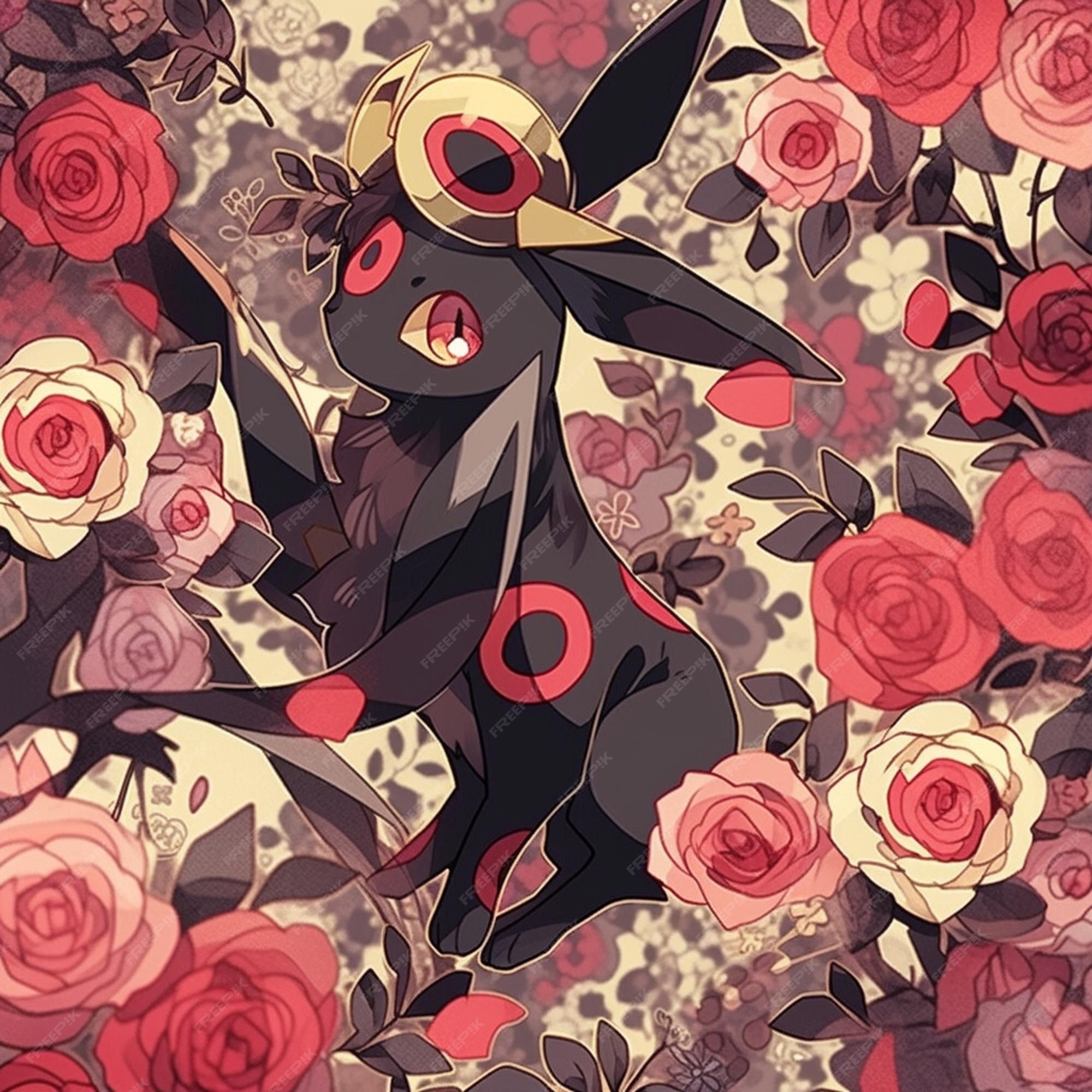 Um desenho de um personagem pokémon fofo com flores no fundo