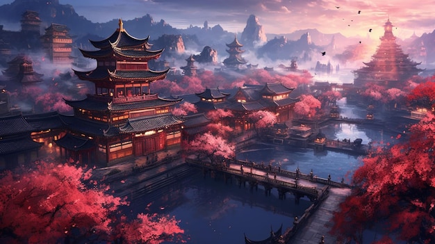 Há uma foto de uma bela cidade asiática com um lago generativo ai