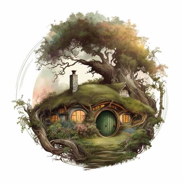 Foto há uma foto de uma casa de hobbits no meio da floresta.